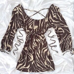 No Boundaries Zebra Print Empire Waist Tunic Top Brown Cream Juniors L 11-13